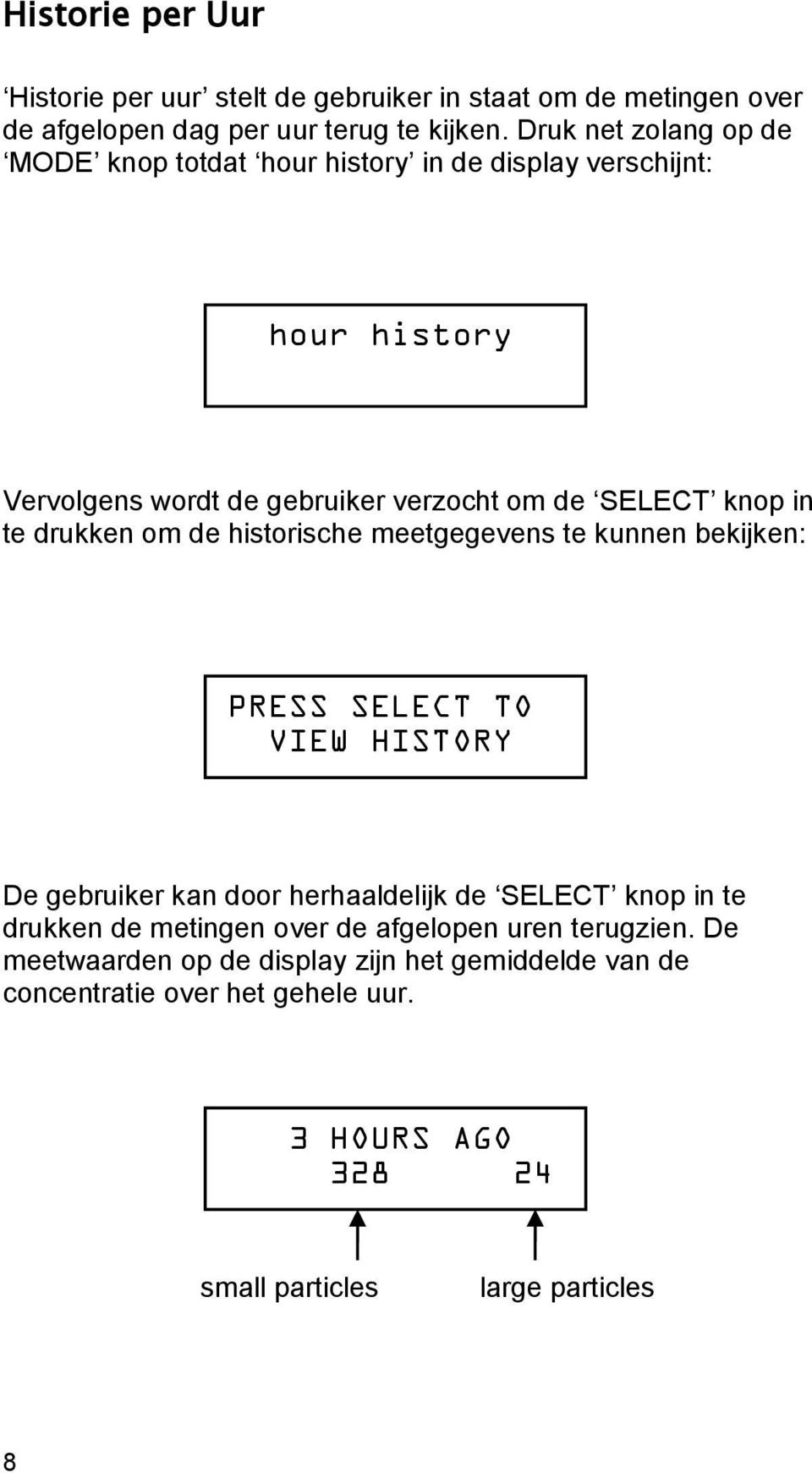 drukken om de historische meetgegevens te kunnen bekijken: PRESS SELECT TO VIEW HISTORY De gebruiker kan door herhaaldelijk de SELECT knop in te drukken