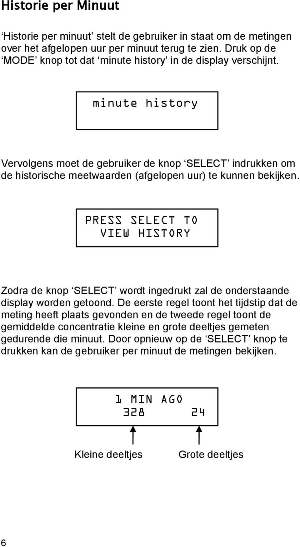 minute history Vervolgens moet de gebruiker de knop SELECT indrukken om de historische meetwaarden (afgelopen uur) te kunnen bekijken.