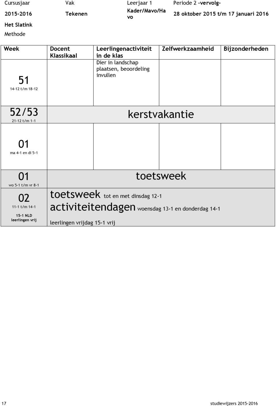 1-1 kerstvakantie ma 4-1 en di 5-1 wo 5-1 t/m vr 8-1 02 11-1 t/m 14-1 15-1 NLD leerlingen vrij toetsweek toetsweek