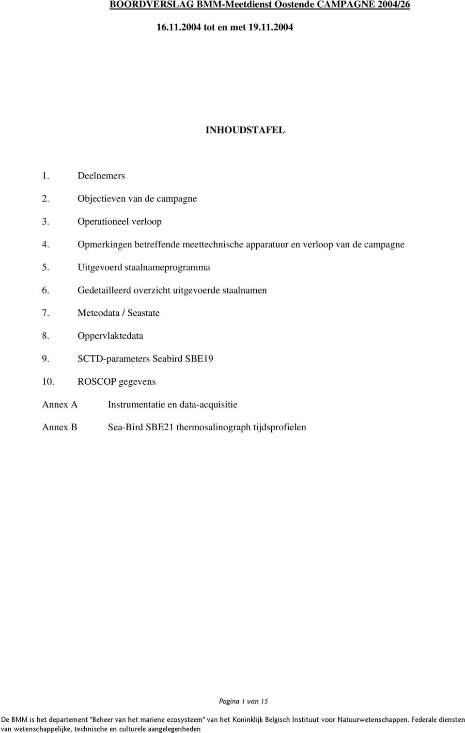 Uitgevoerd staalnameprogramma 6. Gedetailleerd overzicht uitgevoerde staalnamen 7. Meteodata / Seastate 8. Oppervlaktedata 9.