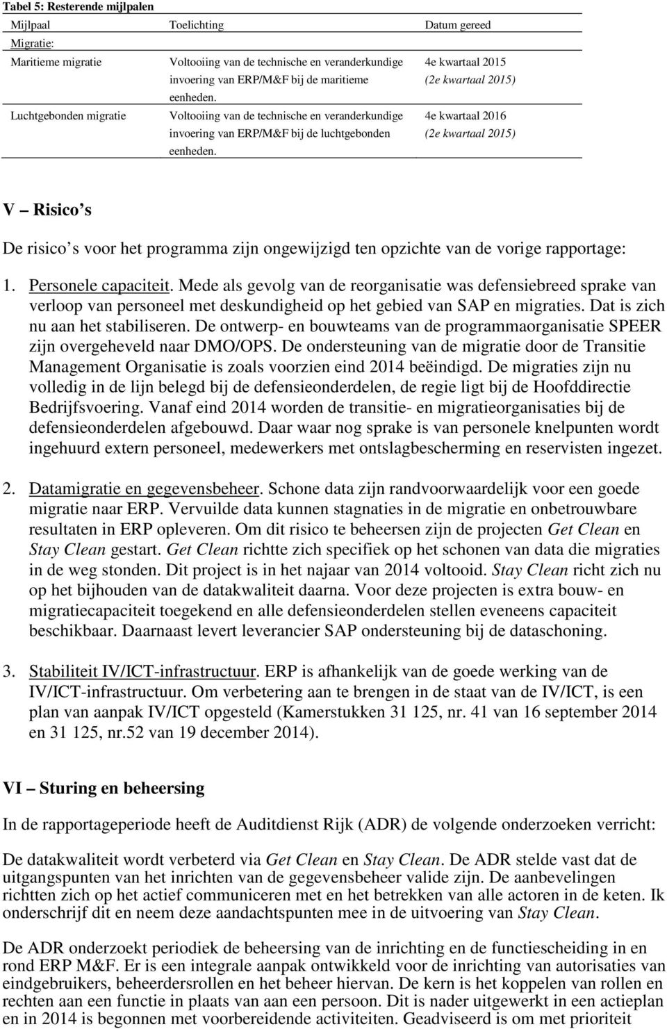 4e kwartaal 2016 (2e kwartaal 2015) V Risico s De risico s voor het programma zijn ongewijzigd ten opzichte van de vorige rapportage: 1. Personele capaciteit.