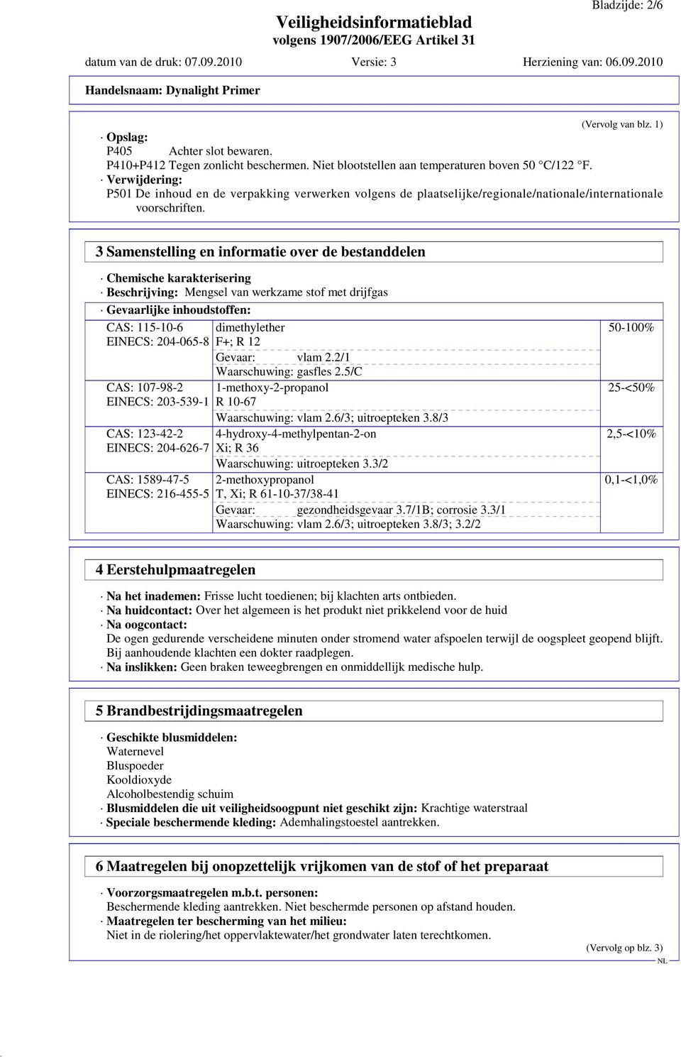 3 Samenstelling en informatie over de bestanddelen Chemische karakterisering Beschrijving: Mengsel van werkzame stof met drijfgas Gevaarlijke inhoudstoffen: CAS: 115-10-6 EINECS: 204-065-8 CAS: