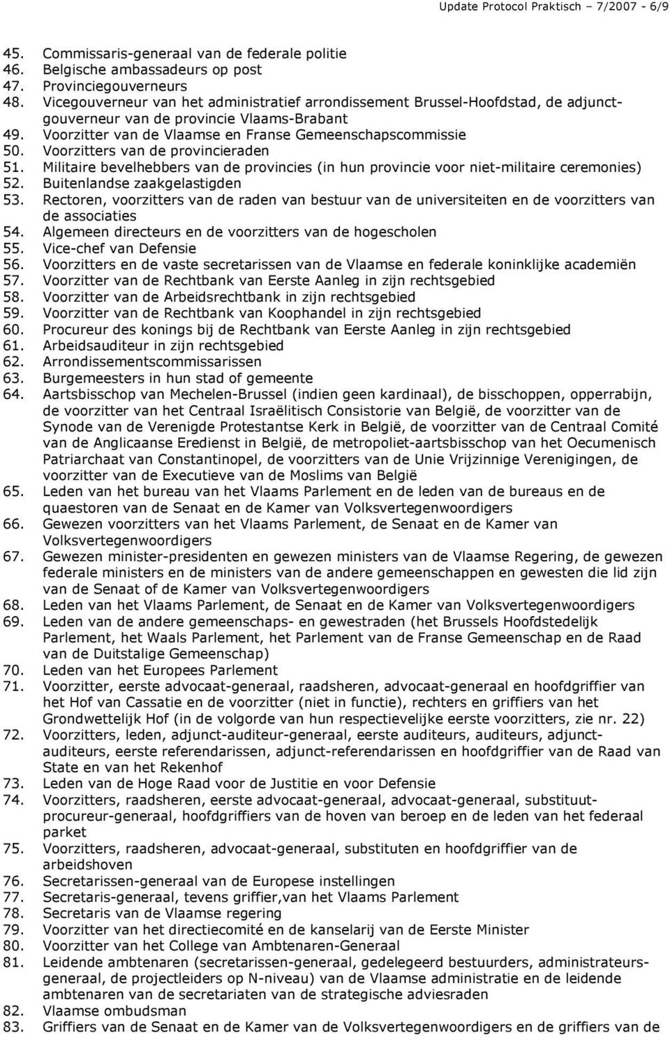 Voorzitters van de provincieraden 51. Militaire bevelhebbers van de provincies (in hun provincie voor niet-militaire ceremonies) 52. Buitenlandse zaakgelastigden 53.