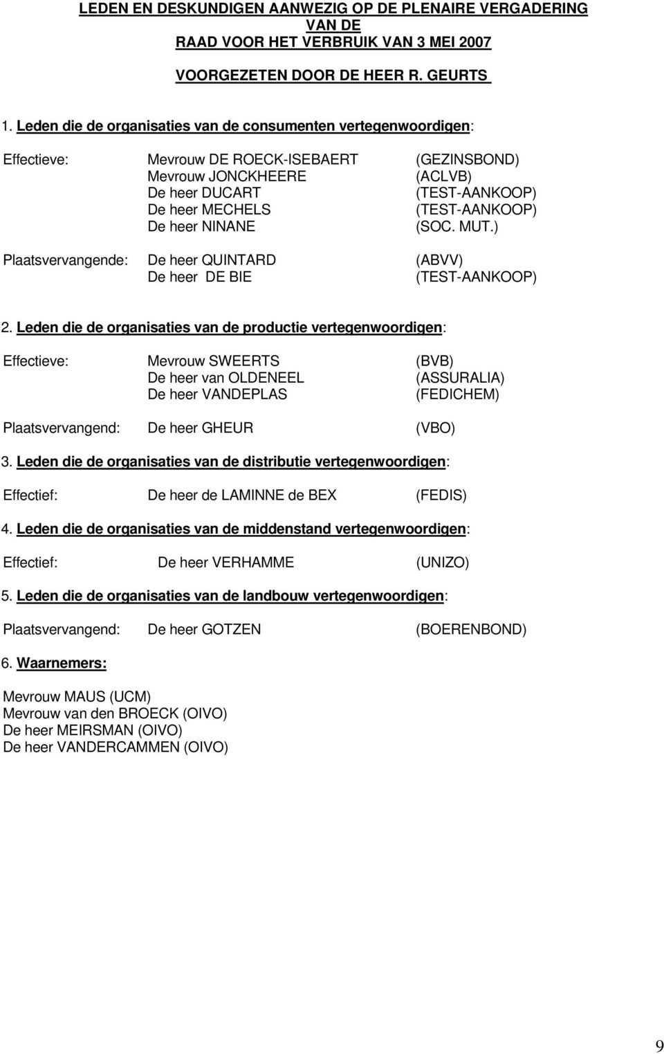 (TEST-AANKOOP) De heer NINANE (SOC. MUT.) Plaatsvervangende: De heer QUINTARD (ABVV) De heer DE BIE (TEST-AANKOOP) 2.