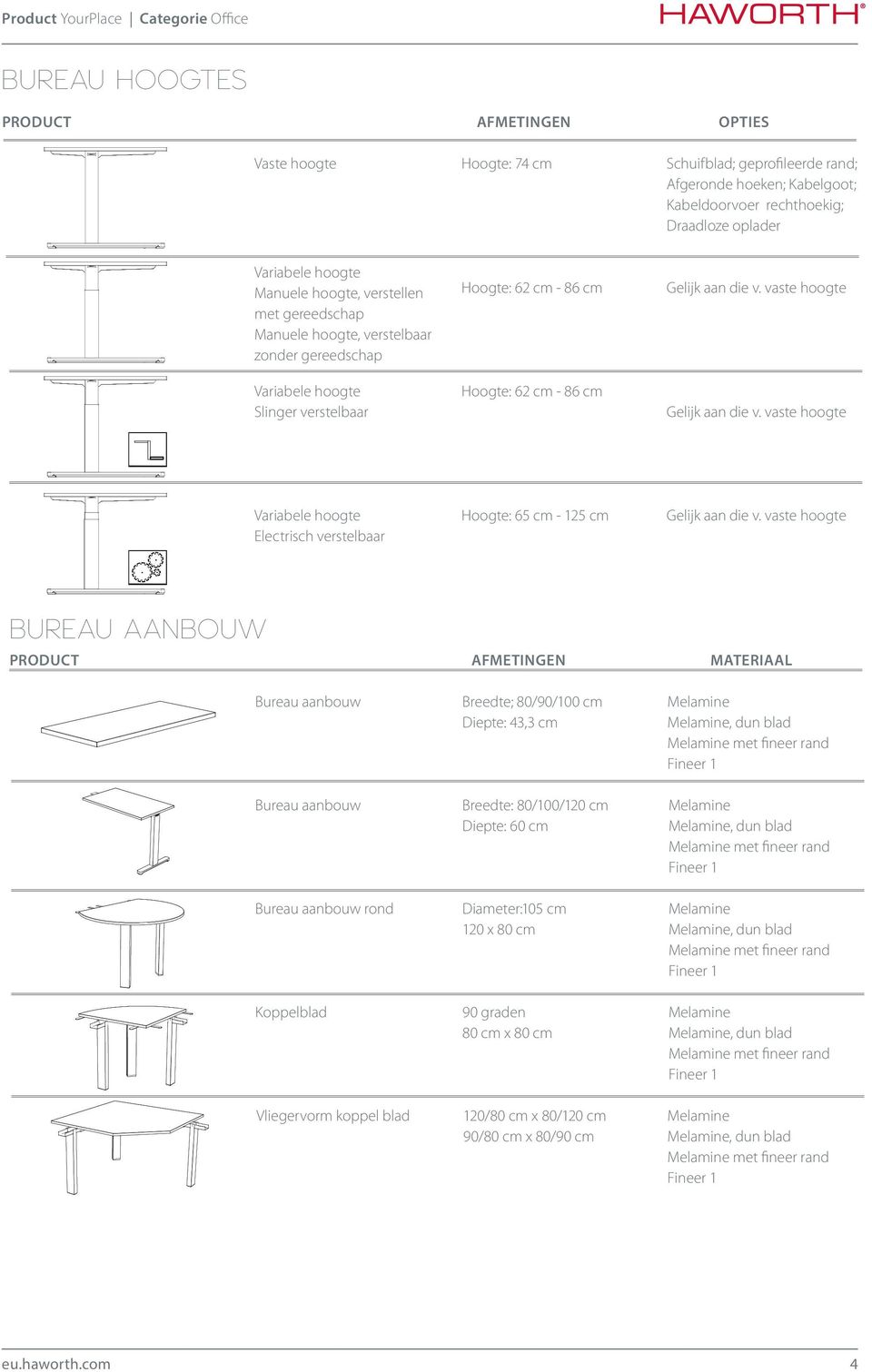 vaste hoogte Gelijk aan die v. vaste hoogte Variabele hoogte Electrisch verstelbaar Hoogte: 65 cm - 125 cm Gelijk aan die v.