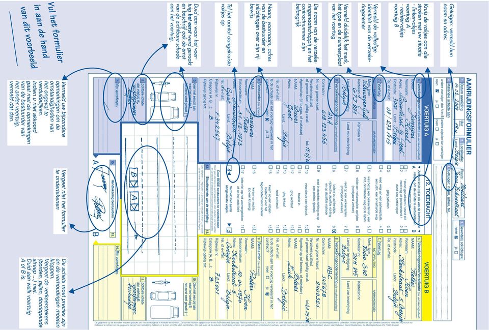 over zijn rijbewijs Tel het aantal aangekruiste vakjes op Duid aan waar het voertuig het eerst werd geraakt en beschrijf ook de ernst van de zichtbare schade aan het voertuig. NRIJDINGSFORMULIER.