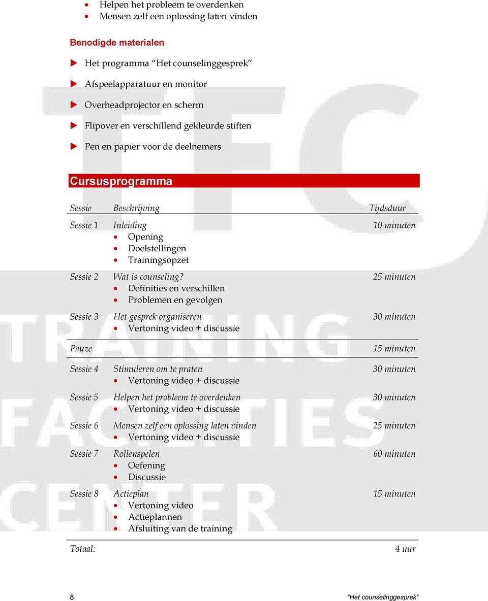 Inleiding Opening Doelstellingen Trainingsopzet Wat is counseling?