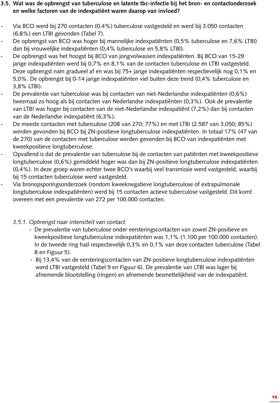 - De opbrengst van BCO was hoger bij mannelijke indexpatiënten (0,5% tuberculose en 7,6% LTBI) dan bij vrouwelijke indexpatiënten (0,4% tuberculose en 5,8% LTBI).