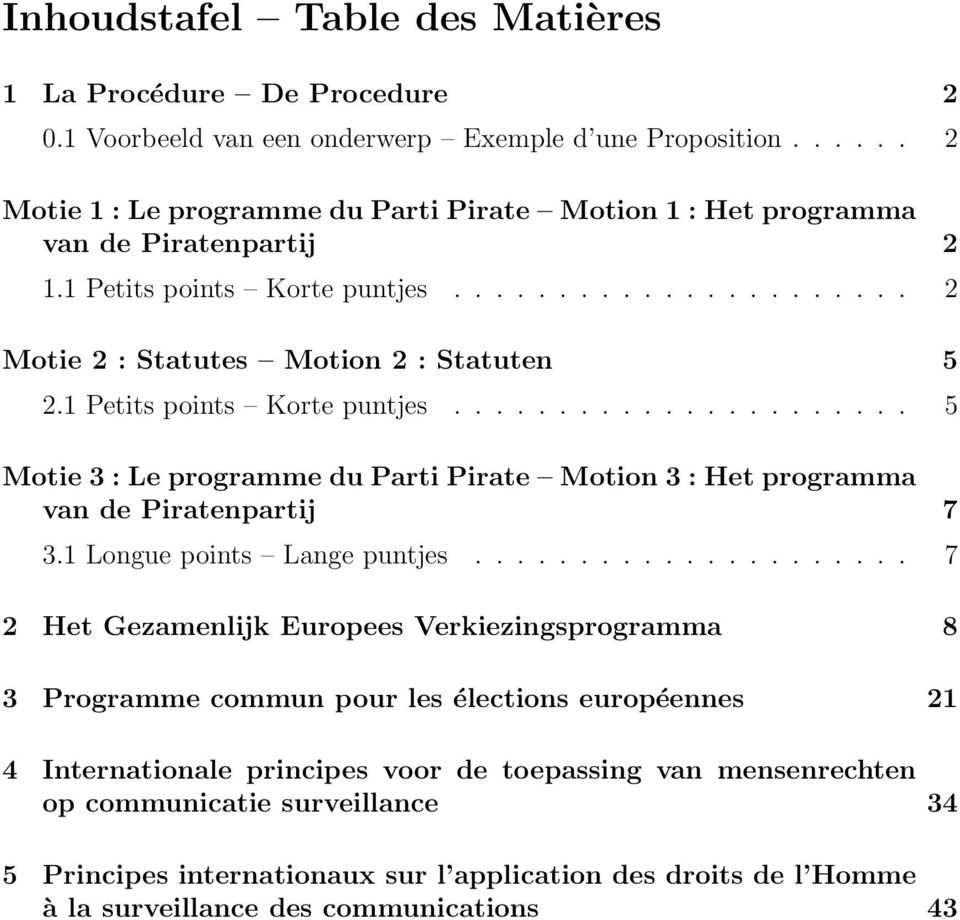 1 Petits points Korte puntjes...................... 5 Motie 3 : Le programme du Parti Pirate Motion 3 : Het programma van de Piratenpartij 7 3.1 Longue points Lange puntjes.