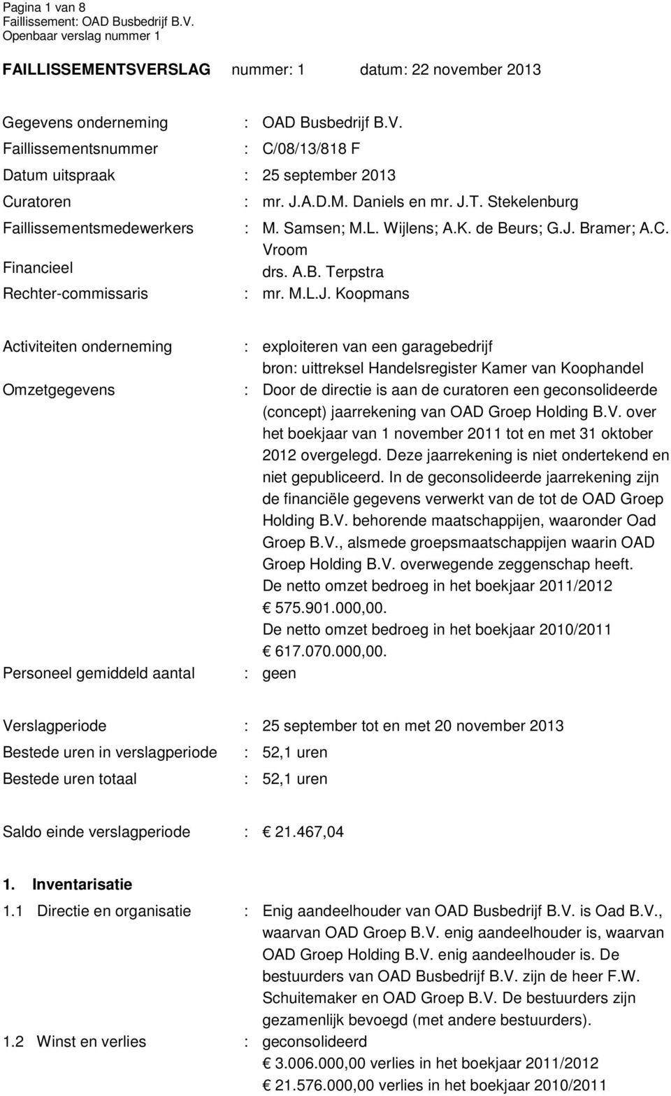 gemiddeld aantal : exploiteren van een garagebedrijf bron: uittreksel Handelsregister Kamer van Koophandel : Door de directie is aan de curatoren een geconsolideerde (concept) jaarrekening van OAD