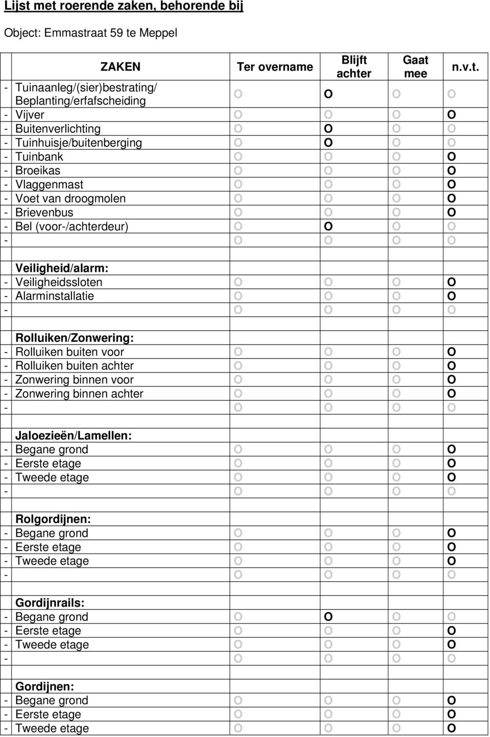 O - Brievenbus O O O O - Bel (voor-/achterdeur) O O O O Veiligheid/alarm: - Veiligheidssloten O O O O - Alarminstallatie O O O O Rolluiken/Zonwering: - Rolluiken buiten voor