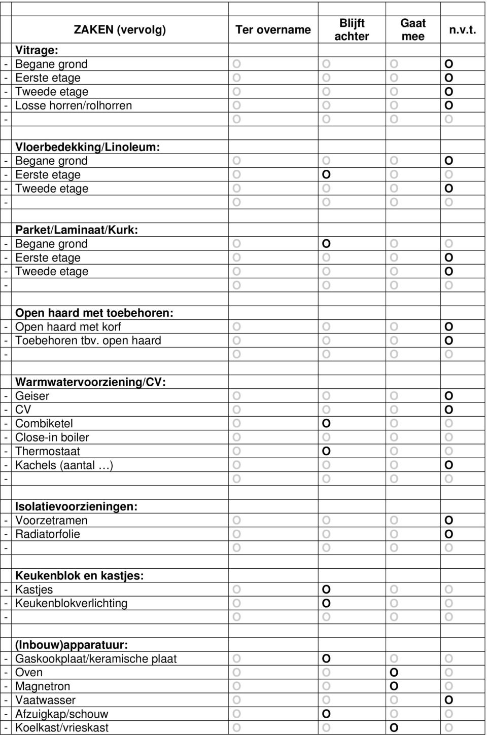 open haard O O O O Warmwatervoorziening/CV: - Geiser O O O O - CV O O O O - Combiketel O O O O - Close-in boiler O O O O - Thermostaat O O O O - Kachels (aantal ) O O O O