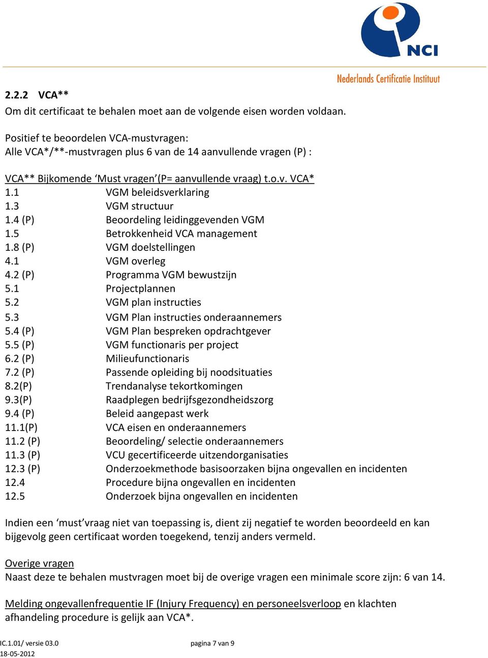 3 VGM structuur 1.4 (P) Beoordeling leidinggevenden VGM 1.5 Betrokkenheid VCA management 1.8 (P) VGM doelstellingen 4.1 VGM overleg 4.2 (P) Programma VGM bewustzijn 5.1 Projectplannen 5.