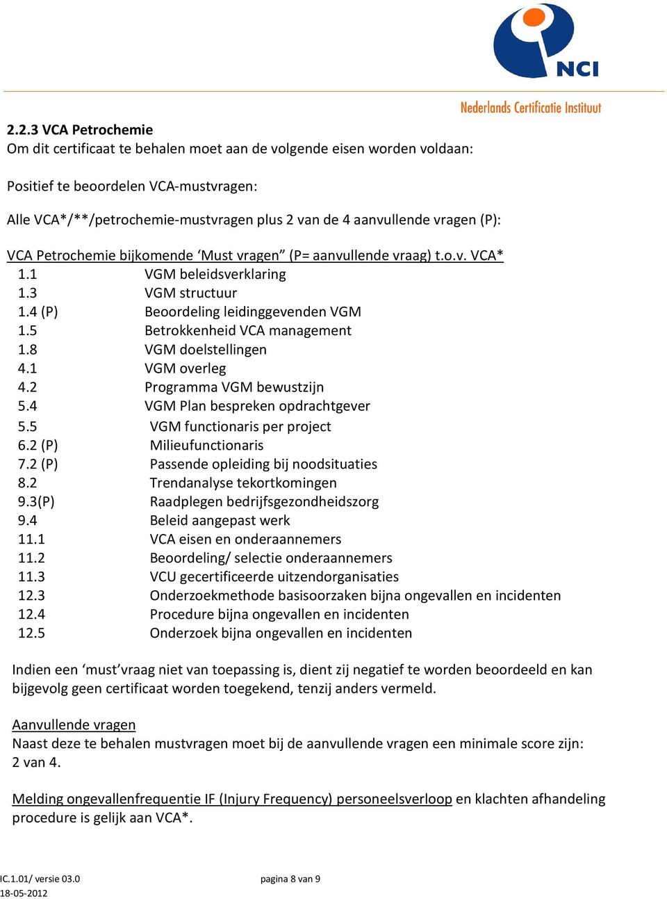 5 Betrokkenheid VCA management 1.8 VGM doelstellingen 4.1 VGM overleg 4.2 Programma VGM bewustzijn 5.4 VGM Plan bespreken opdrachtgever 5.5 VGM functionaris per project 6.2 (P) Milieufunctionaris 7.