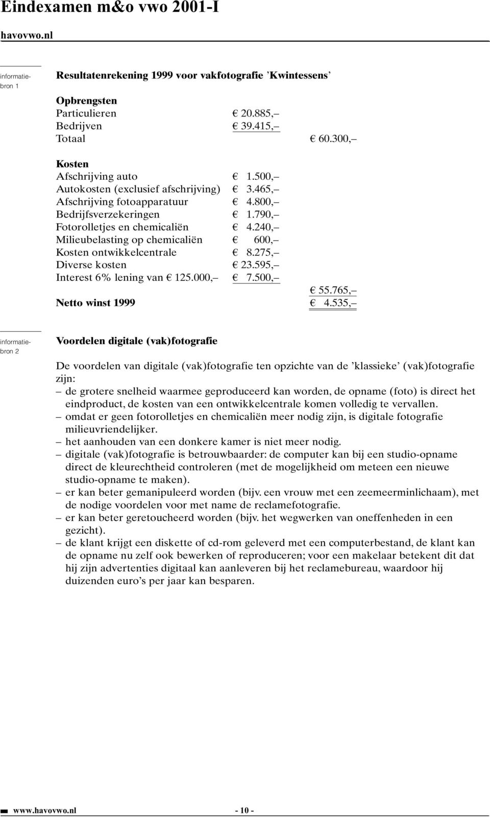 240, Milieubelasting op chemicaliën 600, Kosten ontwikkelcentrale 8.275, Diverse kosten 23.595, Interest 6% lening van 125.000, 7.500, 55.765, Netto winst 1999 4.