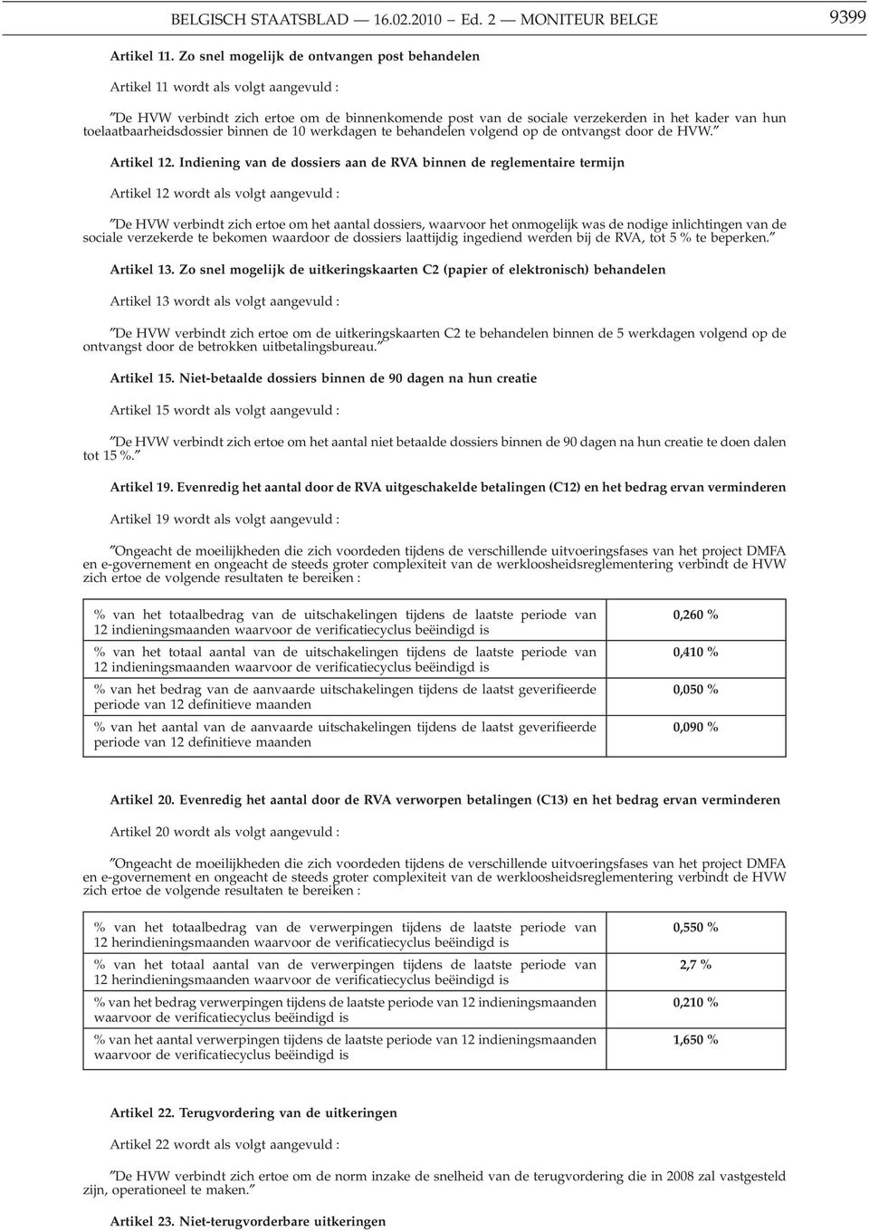 toelaatbaarheidsdossier binnen de 10 werkdagen te behandelen volgend op de ontvangst door de HVW. Artikel 12.