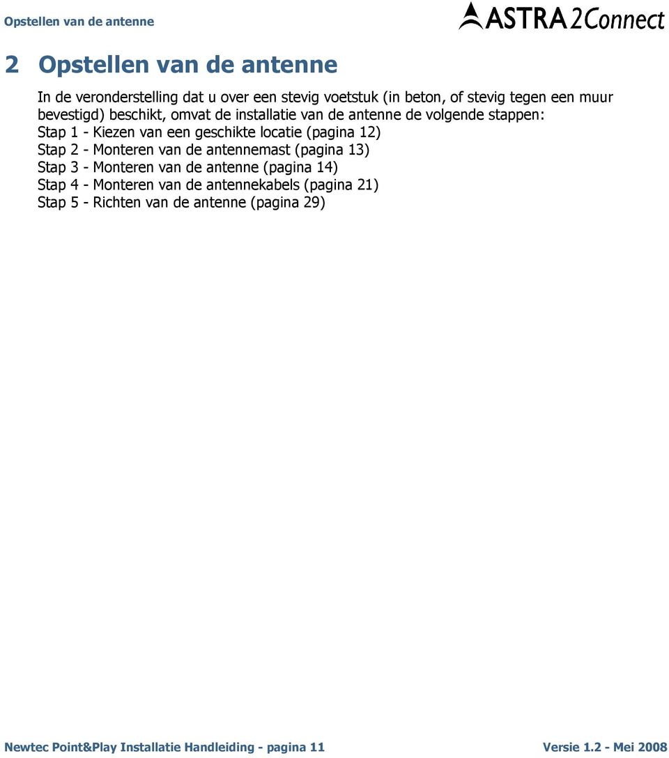 - Monteren van de antennemast (pagina 13) Stap 3 - Monteren van de antenne (pagina 14) Stap 4 - Monteren van de antennekabels