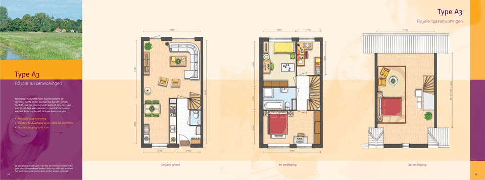 9300 2000 7510 (1500 + vloer) Grootste tussenwoning Dankzij de dwarskap veel ruimte op de zolder Houten berging in de tuin 3620 3035 2940 2150 5160 De sfeerplattegronden geven aan hoe