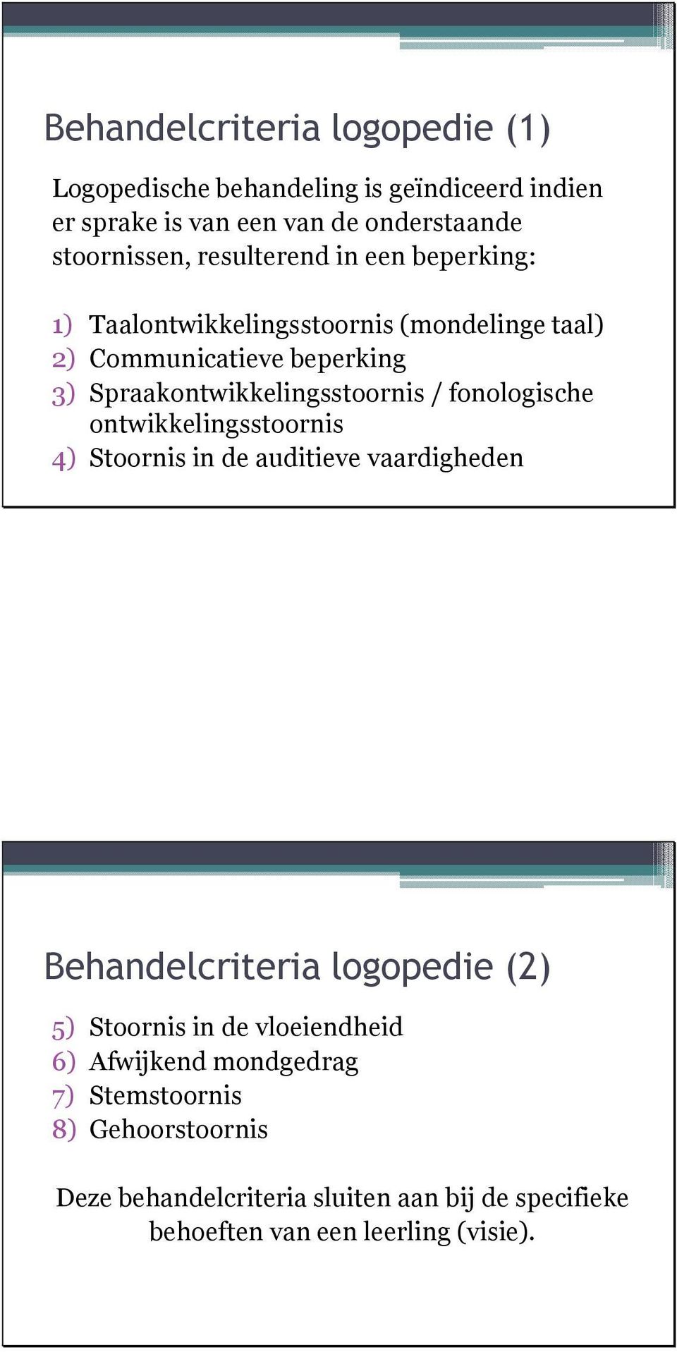 fonologische ontwikkelingsstoornis 4) Stoornis in de auditieve vaardigheden Behandelcriteria logopedie (2) 5) Stoornis in de vloeiendheid