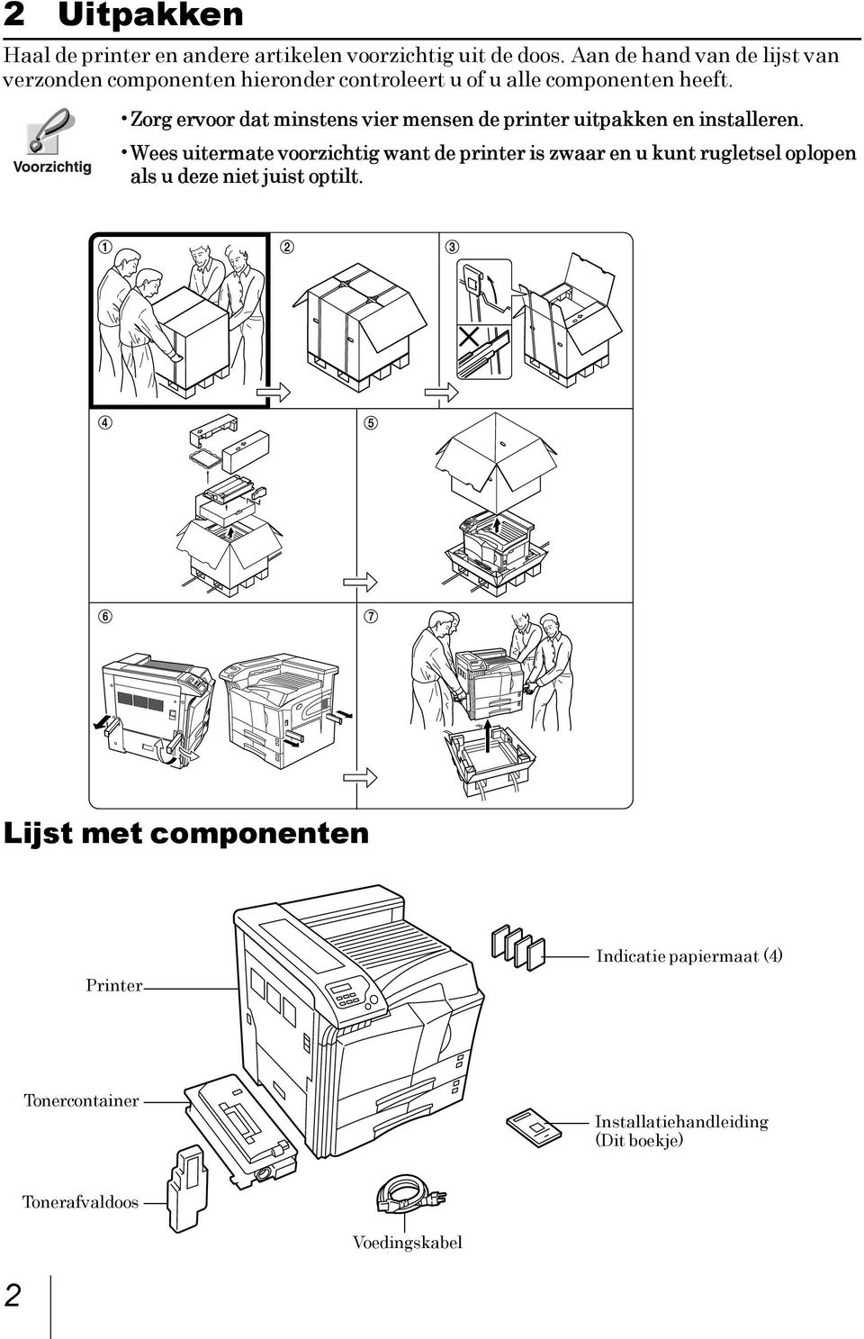 Zorg ervoor dat minstens vier mensen de printer uitpakken en installeren.