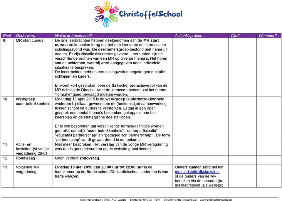 Het horen van de achterban, waarbij werd aangegeven nooit indivudele situaties te bespreken. De leerkrachten hebben een naslagwerk meegekregen met alle richtlijnen en kaders. 10.