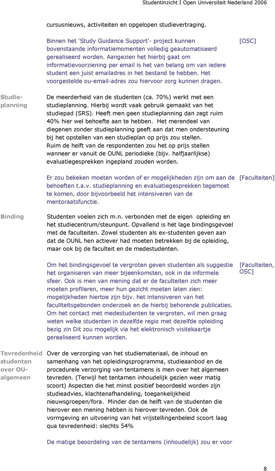 Het voorgestelde ou-email-adres zou hiervoor zorg kunnen dragen. [OSC] Studieplanning De meerderheid van de studenten (ca. 70%) werkt met een studieplanning.