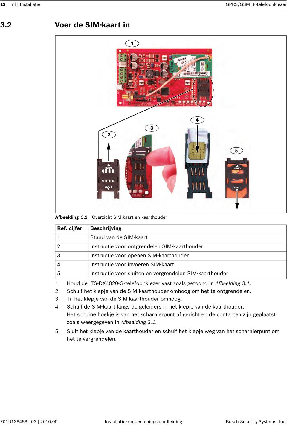 vergrendelen SIM-kaarthouder 1. Houd de ITS-D4020-G-telefoonkiezer vast zoals getoond in Afbeelding 3.1. 2. Schuif het klepje van de SIM-kaarthouder omhoog om het te ontgrendelen. 3. Til het klepje van de SIM-kaarthouder omhoog.