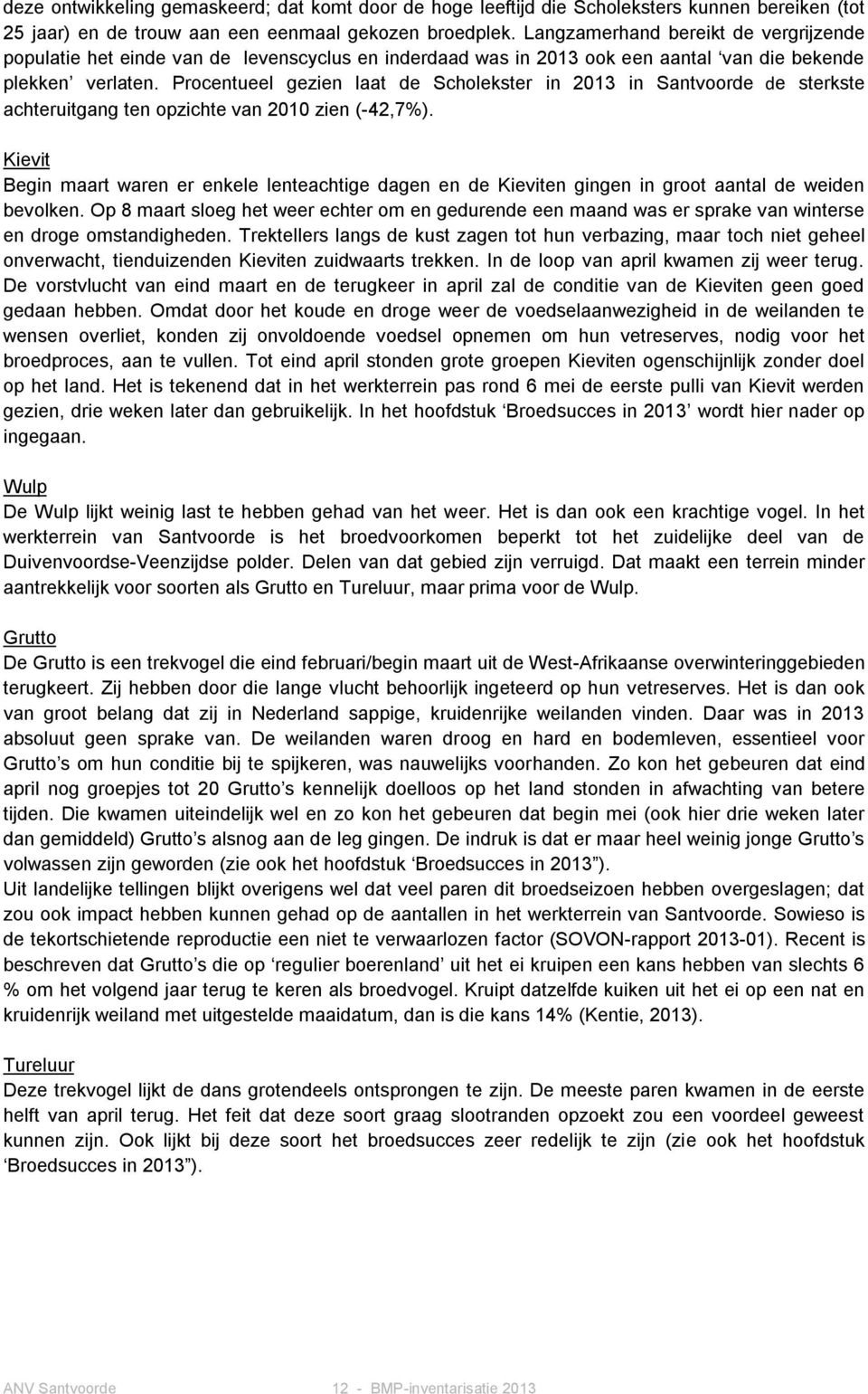 Procentueel gezien laat de Scholekster in 2013 in Santvoorde de sterkste achteruitgang ten opzichte van 2010 zien (-42,7%).