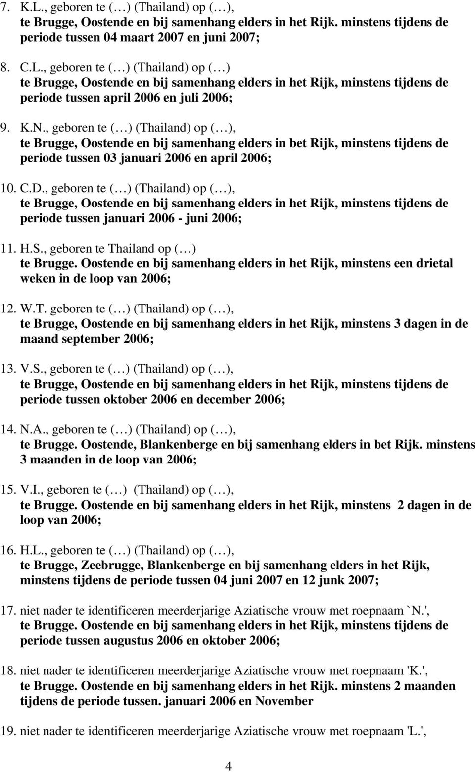 , geboren te ( ) (Thailand) op ( ), te Brugge, Oostende en bij samenhang elders in het Rijk, minstens tijdens de periode tussen januari 2006 - juni 2006; 11. H.S.