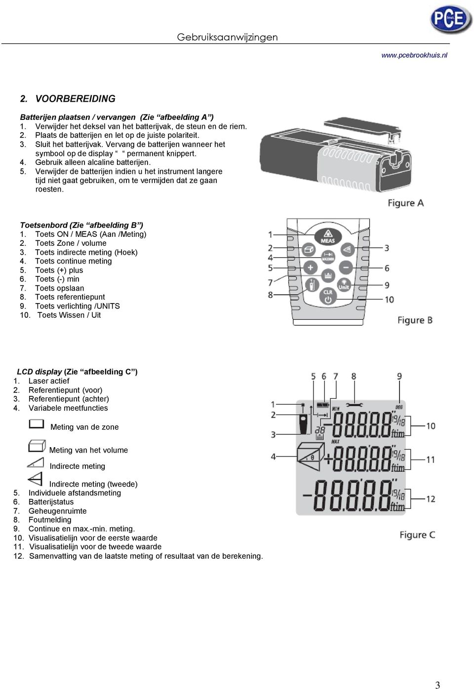 Verwijder de batterijen indien u het instrument langere tijd niet gaat gebruiken, om te vermijden dat ze gaan roesten. Toetsenbord (Zie afbeelding B ) 1. Toets ON / MEAS (Aan /Meting) 2.