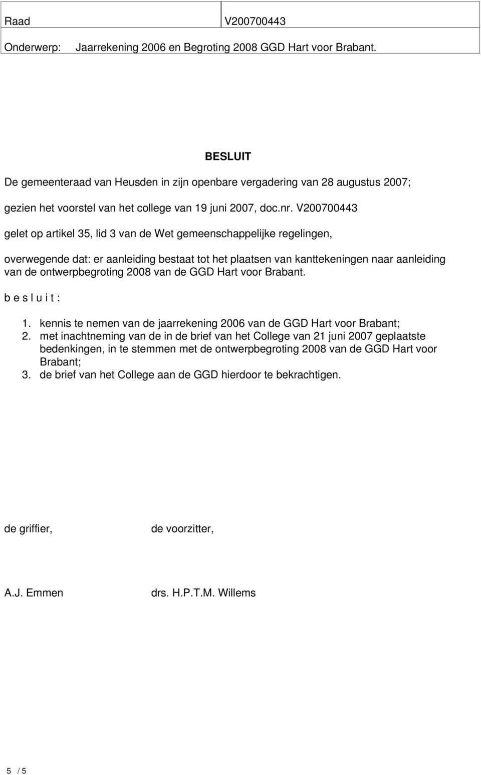 van de GGD Hart voor Brabant. b e s l u i t : 1. kennis te nemen van de jaarrekening 2006 van de GGD Hart voor Brabant; 2.