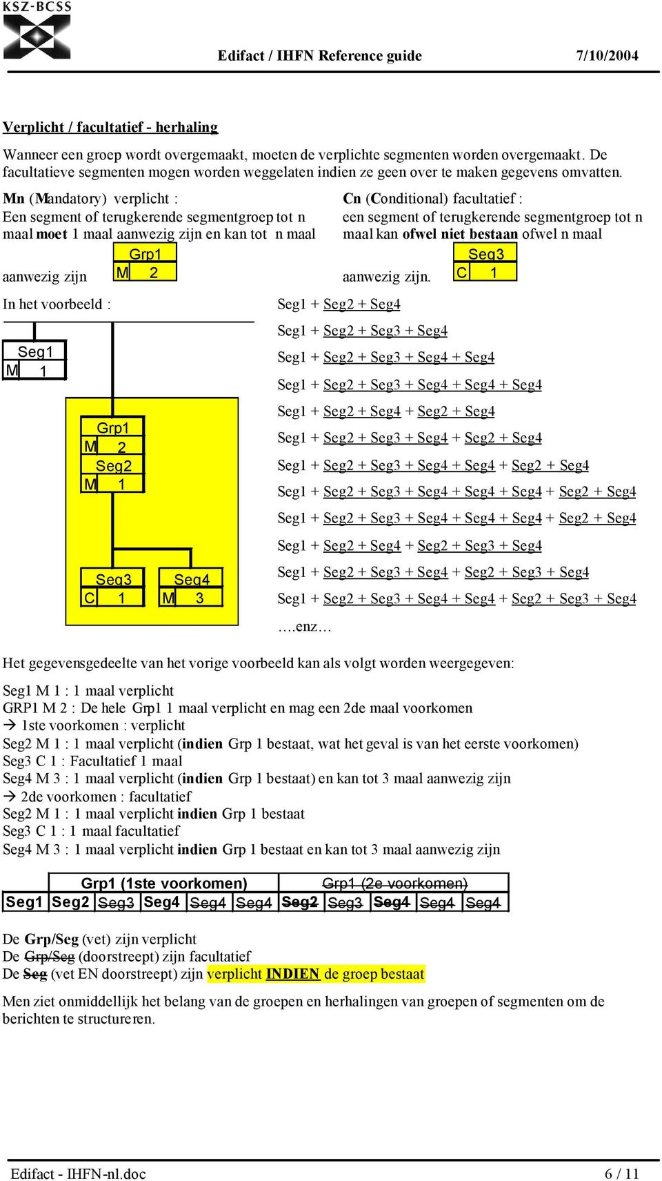 Mn (Mandatory) verplicht : Een segment of terugkerende segmentgroep tot n maal moet 1 maal aanwezig zijn en kan tot n maal Grp1 aanwezig zijn M 2 In het voorbeeld : Seg1 M 1 Grp1 M 2 Seg2 M 1 Seg3 C