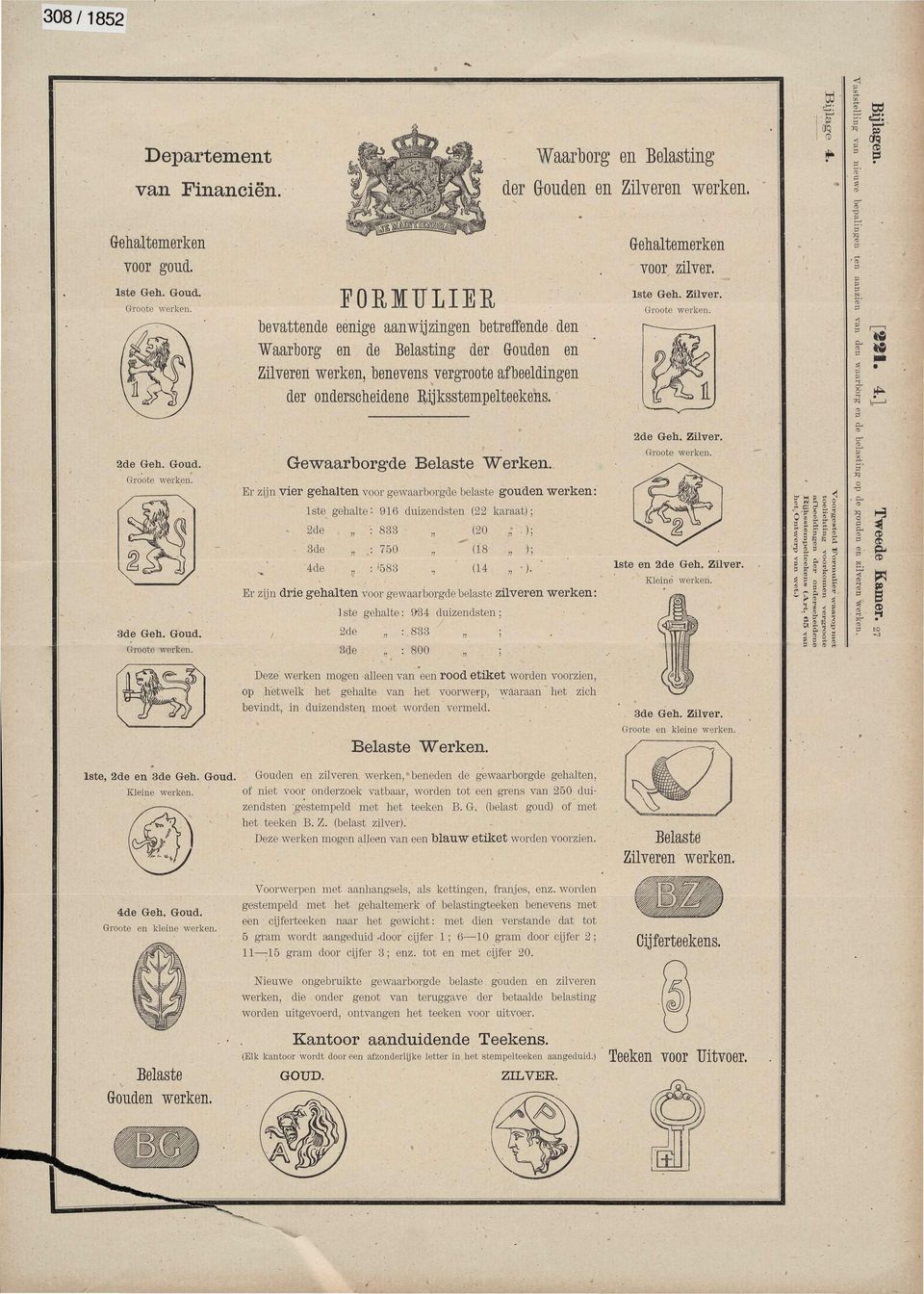 den Waarborg en de Belasting der Gouden en Zilveren werken, benevens vergroote afbeeldingen der onderscheidene Erjksstempelteekens. 2de Geh. Goud. 3de Geh. Goud. /. Gewaarborgde Belaste Werken.