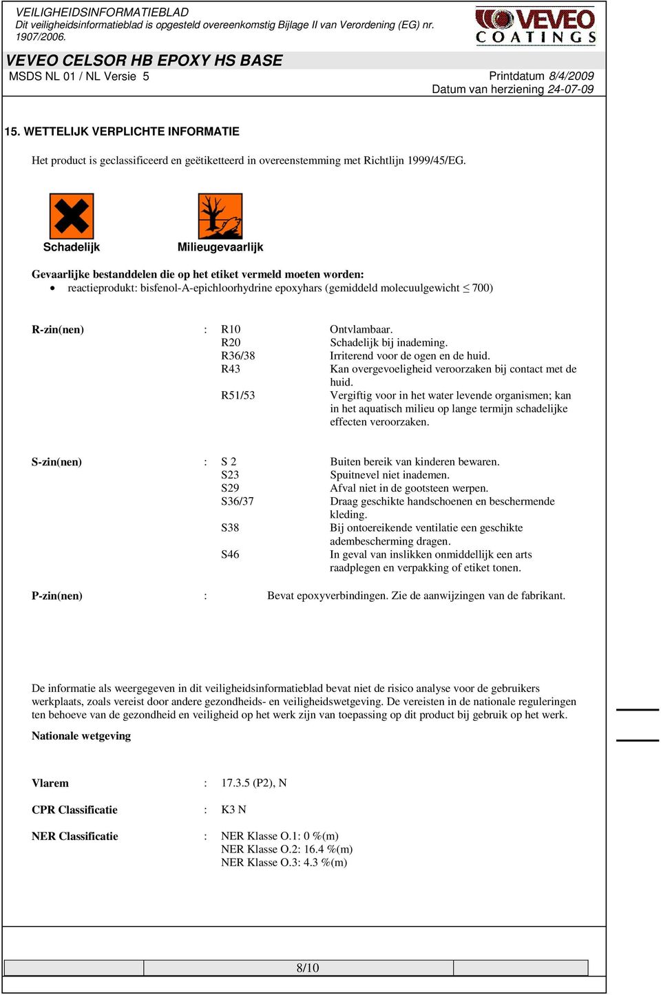 Ontvlambaar. R20 Schadelijk bij inademing. R36/38 Irriterend voor de ogen en de huid. R43 Kan overgevoeligheid veroorzaken bij contact met de huid.