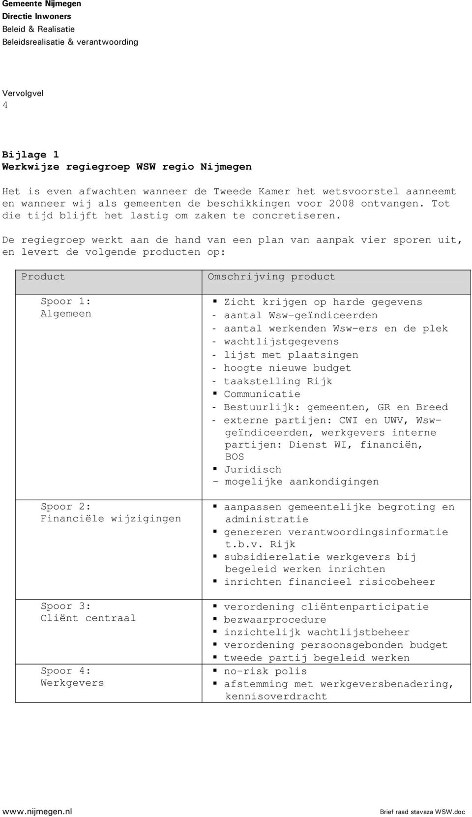 De regiegroep werkt aan de hand van een plan van aanpak vier sporen uit, en levert de volgende producten op: Product Spoor 1: Algemeen Spoor 2: Financiële wijzigingen Spoor 3: Cliënt centraal Spoor