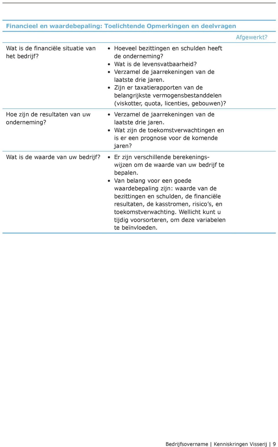 Zijn er taxatierapporten van de belangrijkste vermogensbestanddelen (viskotter, quota, licenties, gebouwen)? Verzamel de jaarrekeningen van de laatste drie jaren.