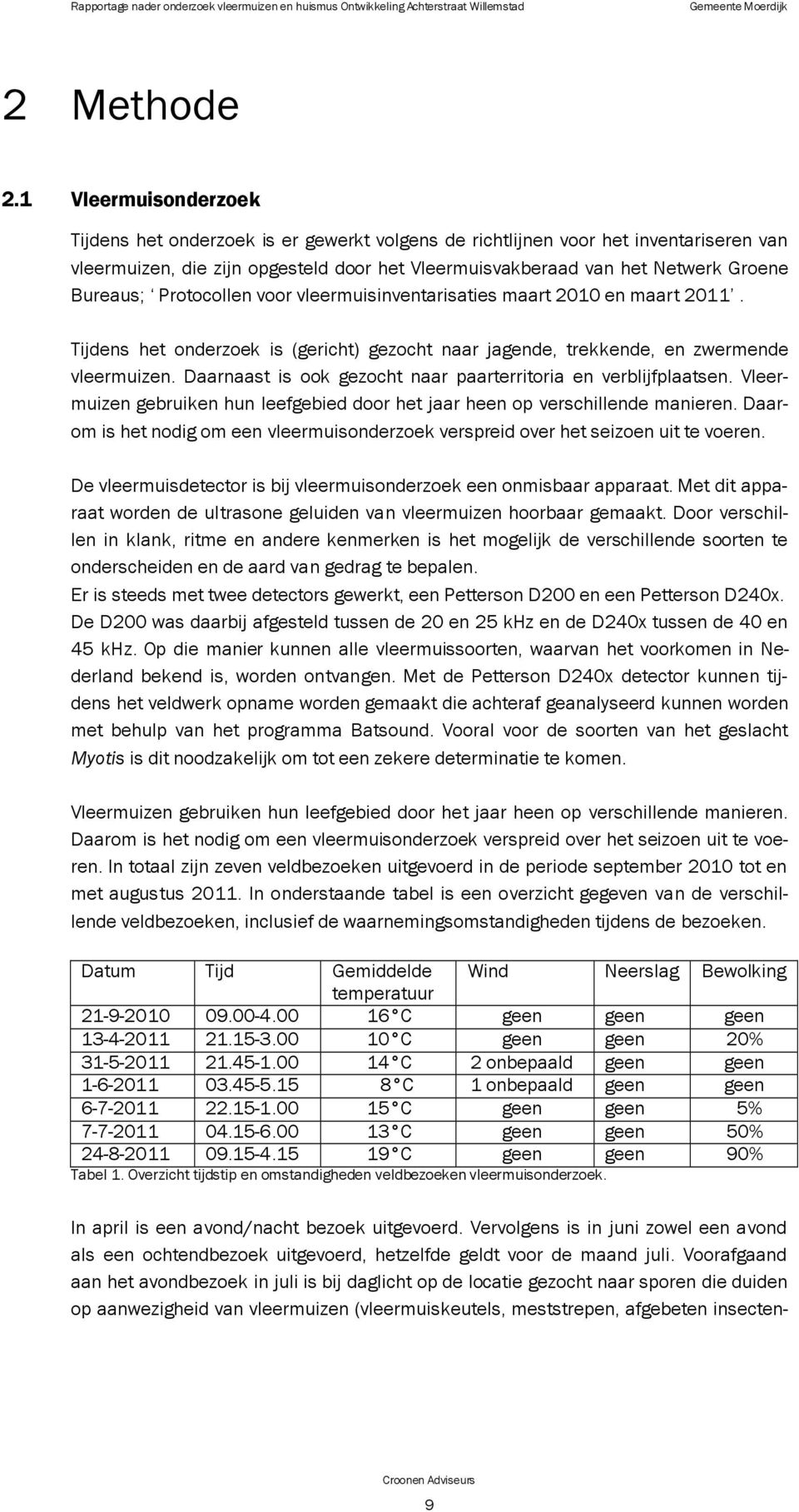 Protocollen voor vleermuisinventarisaties maart 2010 en maart 2011. Tijdens het onderzoek is (gericht) gezocht naar jagende, trekkende, en zwermende vleermuizen.