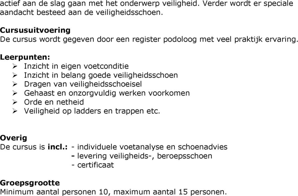 Leerpunten: Inzicht in eigen voetconditie Inzicht in belang goede veiligheidsschoen Dragen van veiligheidsschoeisel Gehaast en onzorgvuldig werken