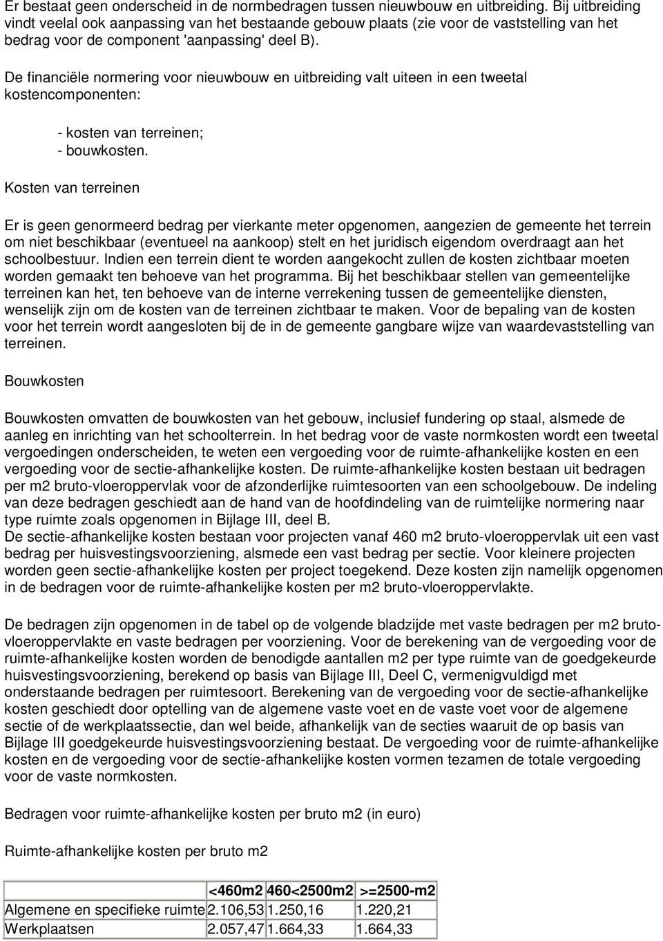 De financiële normering voor nieuwbouw en uitbreiding valt uiteen in een tweetal kostencomponenten: - kosten van terreinen; - bouwkosten.