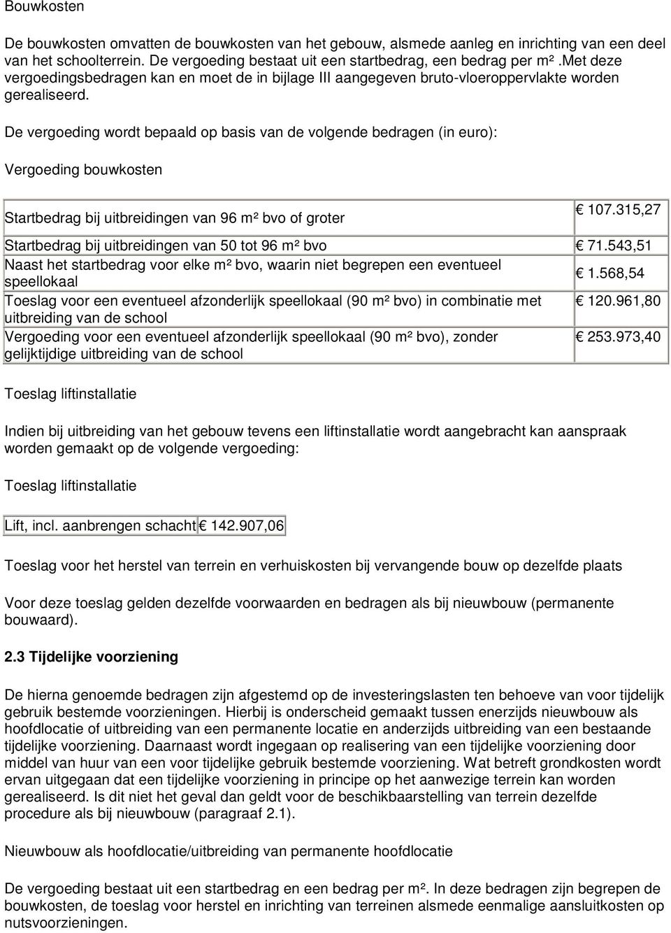 De vergoeding wordt bepaald op basis van de volgende bedragen (in euro): Vergoeding bouwkosten Startbedrag bij uitbreidingen van 96 m² bvo of groter 107.