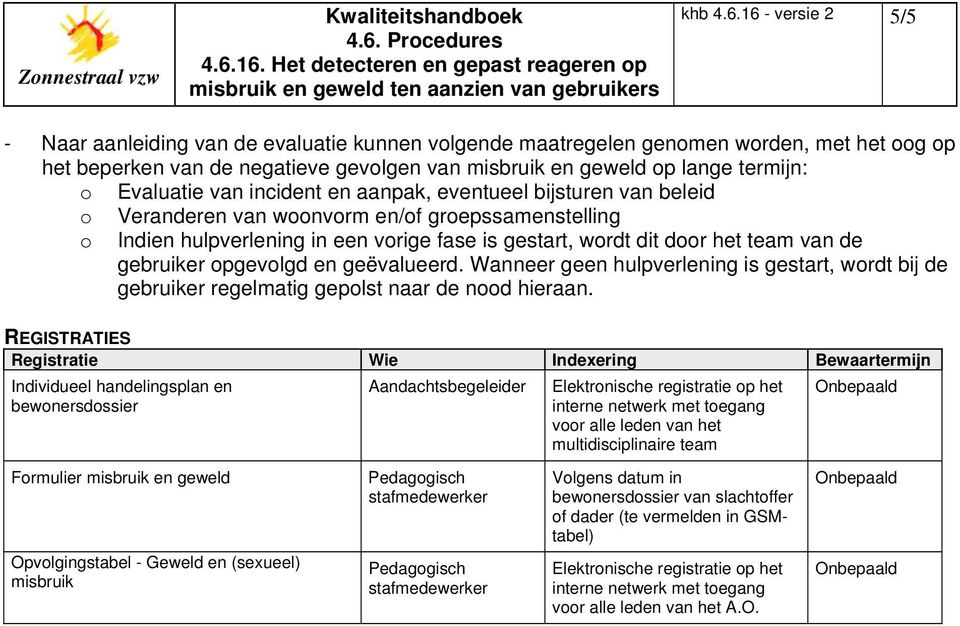 Evaluatie van incident en aanpak, eventueel bijsturen van beleid o Veranderen van woonvorm en/of groepssamenstelling o Indien hulpverlening in een vorige fase is gestart, wordt dit door het team van