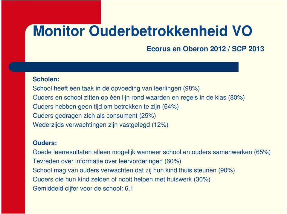 zijn vastgelegd (12%) Ouders: Goede leerresultaten alleen mogelijk wanneer school en ouders samenwerken (65%) Tevreden over informatie over leervorderingen (60%)