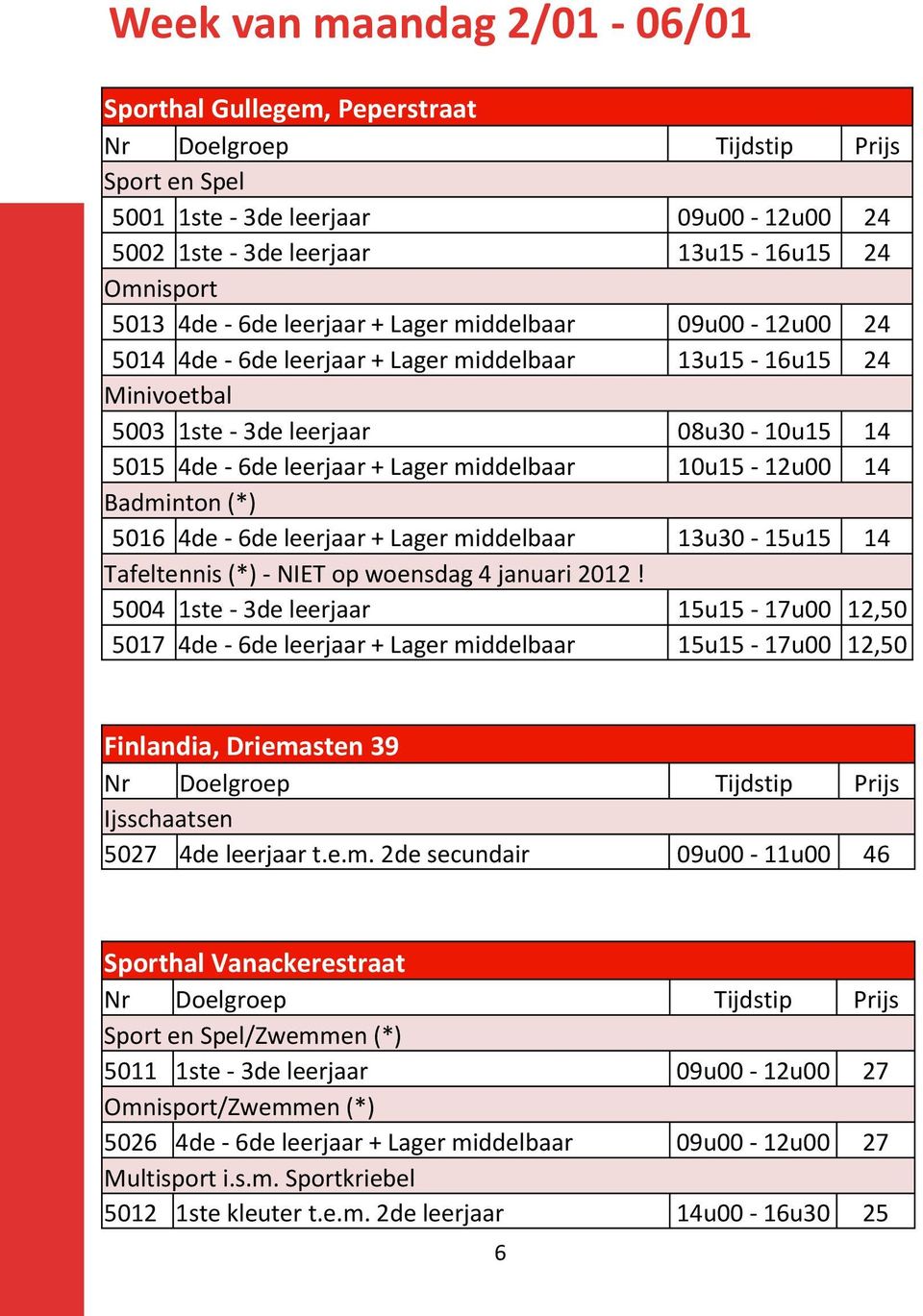 middelbaar 10u15-12u00 14 Badminton (*) 5016 4de - 6de leerjaar + Lager middelbaar 13u30-15u15 14 Tafeltennis (*) - NIET op woensdag 4 januari 2012!