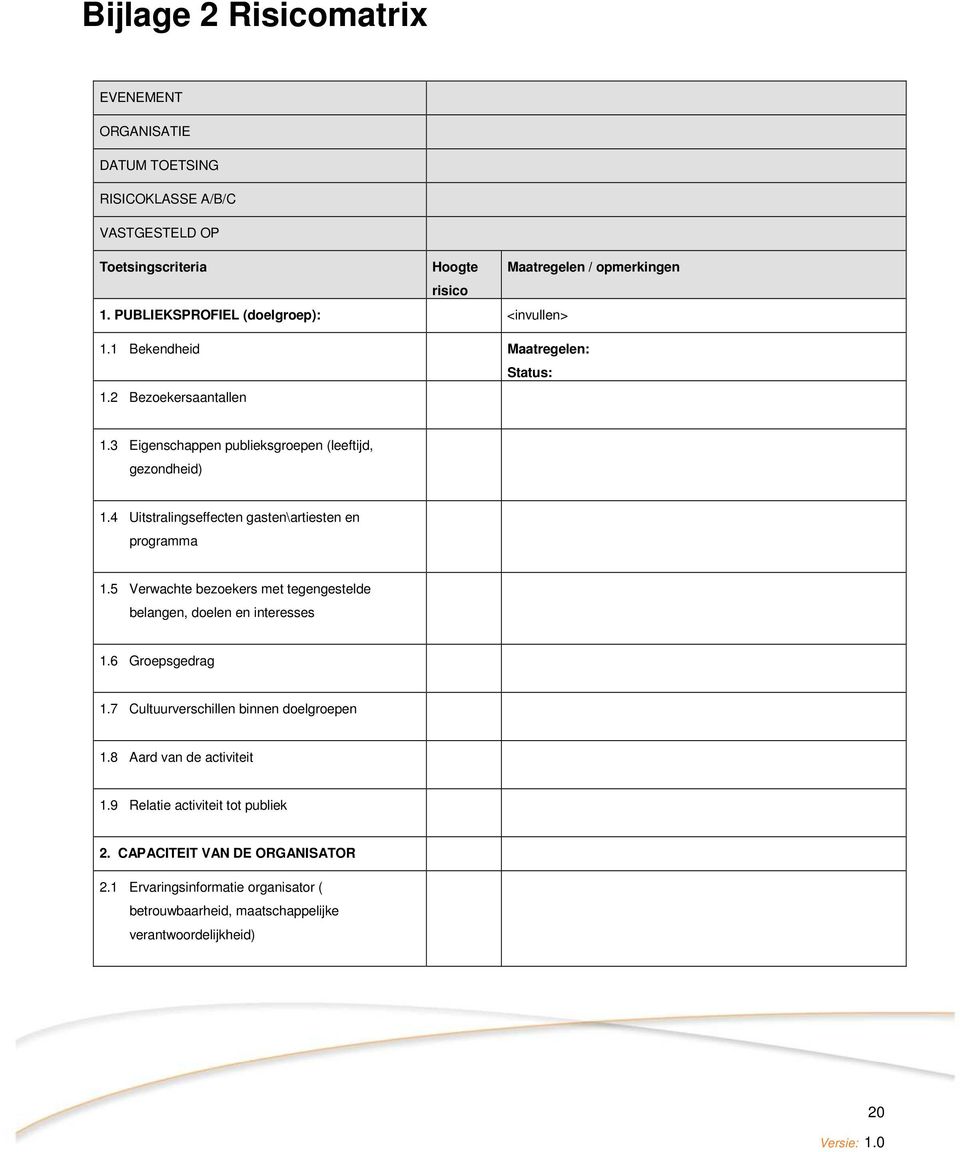 4 Uitstralingseffecten gasten\artiesten en programma 1.5 Verwachte bezoekers met tegengestelde belangen, doelen en interesses 1.6 Groepsgedrag 1.