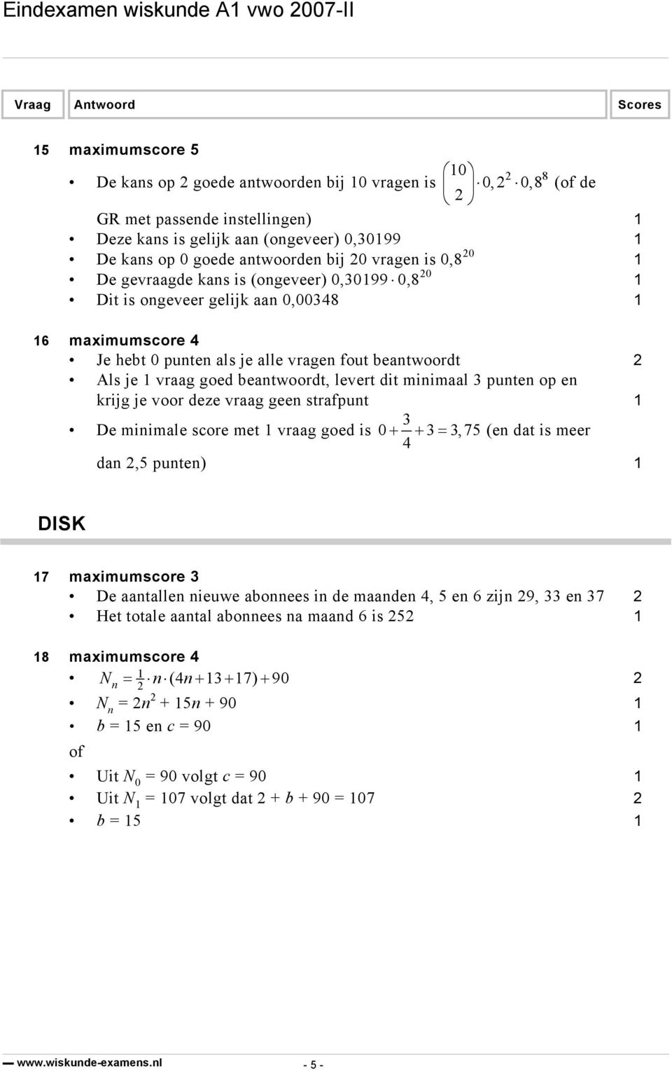 levert dit minimaal 3 punten op en krijg je voor deze vraag geen strafpunt 1 3 De minimale score met 1 vraag goed is 0+ + 3= 3,75 (en dat is meer 4 dan,5 punten) 1 DISK 17 maximumscore 3 De aantallen