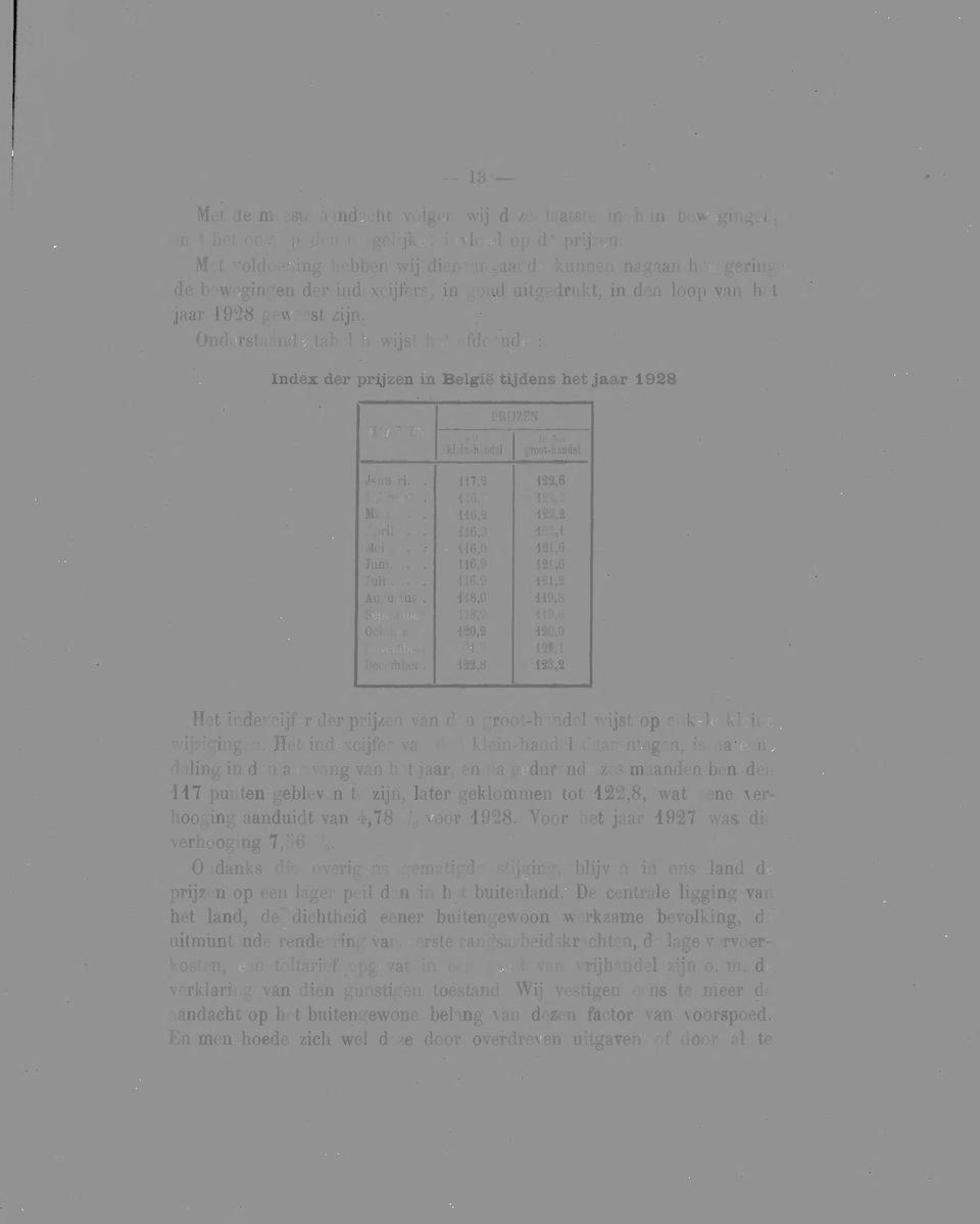 Onderstaande tabel bewijst het afdoende : Index der prijzen in België tijdens het jaar 1928 MAANDEN ill den klein-handel PIUJZEN I in den groot-handel Januari.