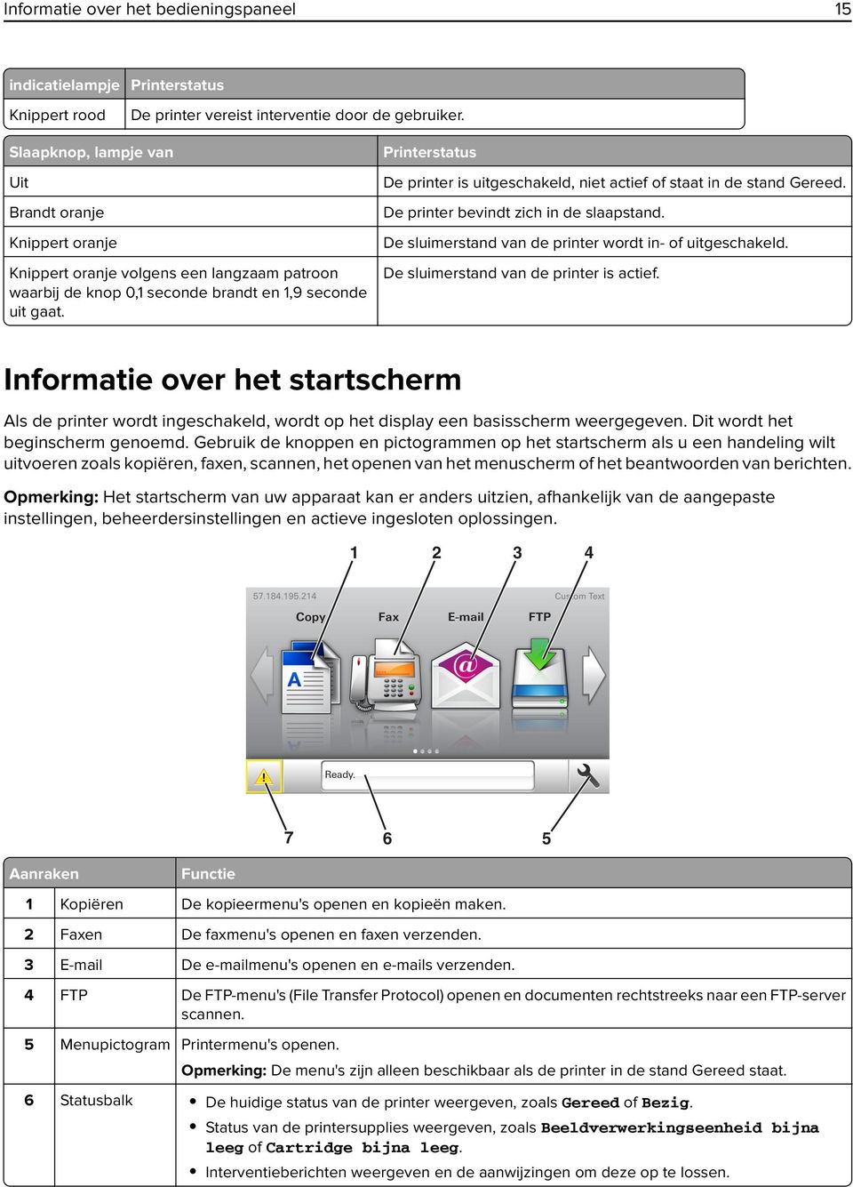 Printerstatus De printer is uitgeschakeld, niet actief of staat in de stand Gereed. De printer bevindt zich in de slaapstand. De sluimerstand van de printer wordt in- of uitgeschakeld.