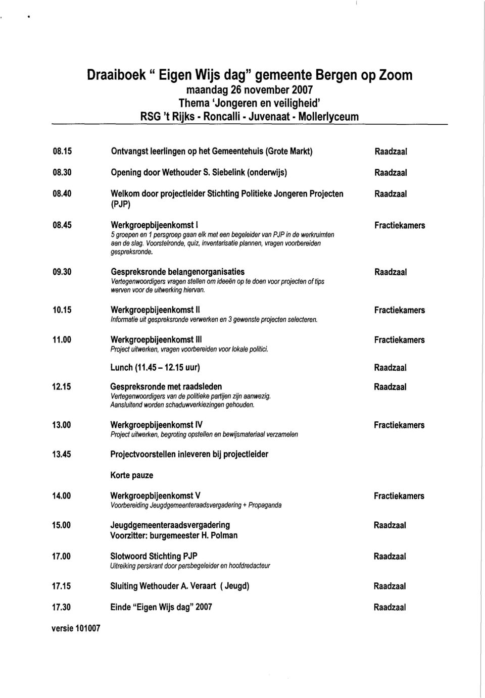 45 Werkgroepbijeenkomst I 5 groepen en 1 persgroep gaan elk met een begeleider van PJP in de werkruimten aan de slag. Voorstelronde, quiz, inventarisatie plannen, vragen voorbereiden gespreksronde.