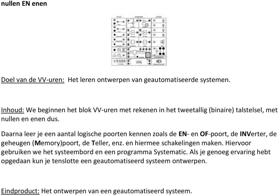 Daarna leer je een aantal logische poorten kennen zoals de EN- en OF-poort, de INVerter, de geheugen (Memory)poort, de Teller, enz.