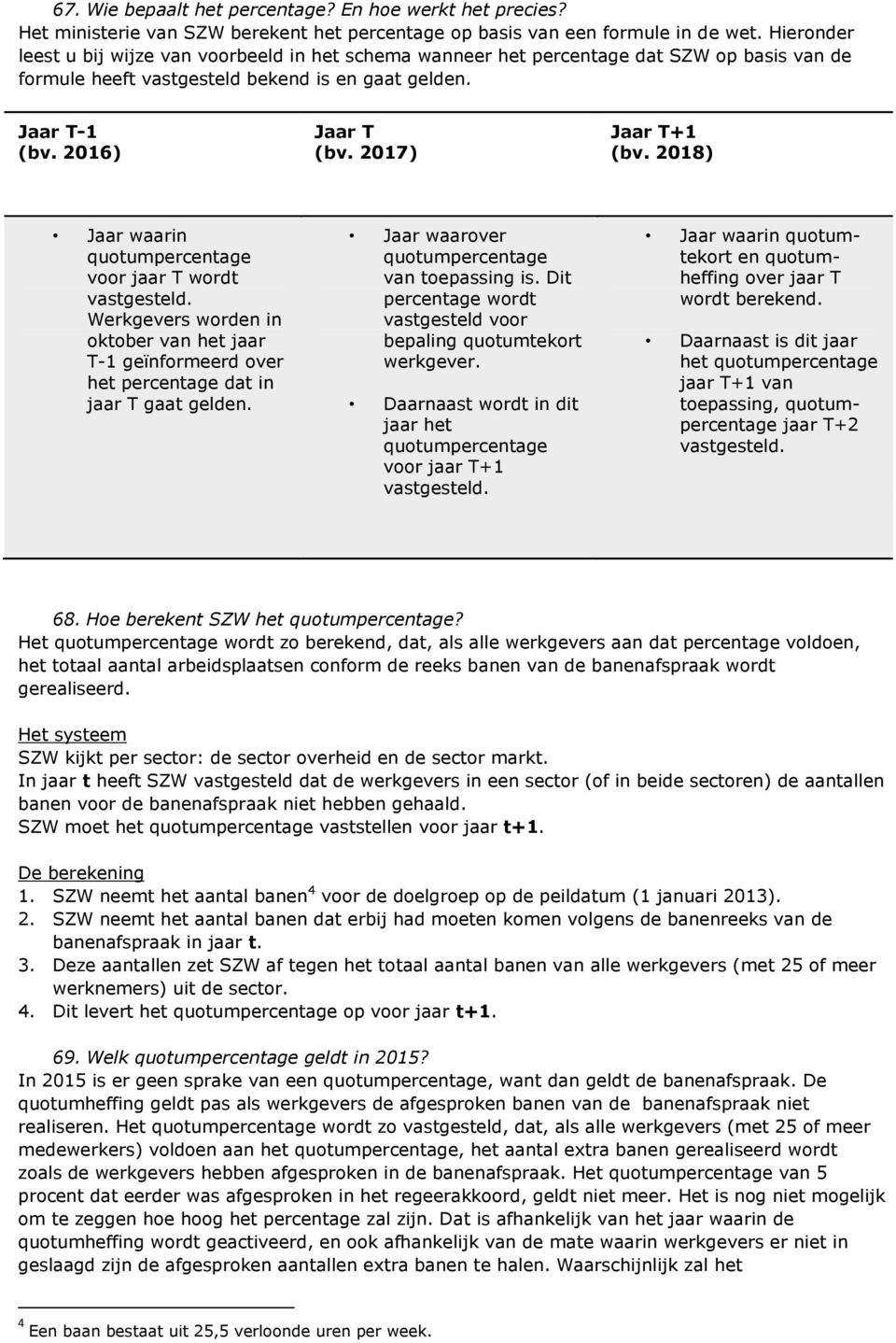 2017) Jaar T+1 (bv. 2018) Jaar waarin quotumpercentage voor jaar T wordt vastgesteld. Werkgevers worden in oktober van het jaar T-1 geïnformeerd over het percentage dat in jaar T gaat gelden.